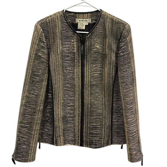 Blue Ice Tan Black Textured Zip Up Zip Sides and Cuffs Blazer Jacket Womens 10 - Picture 5 of 11